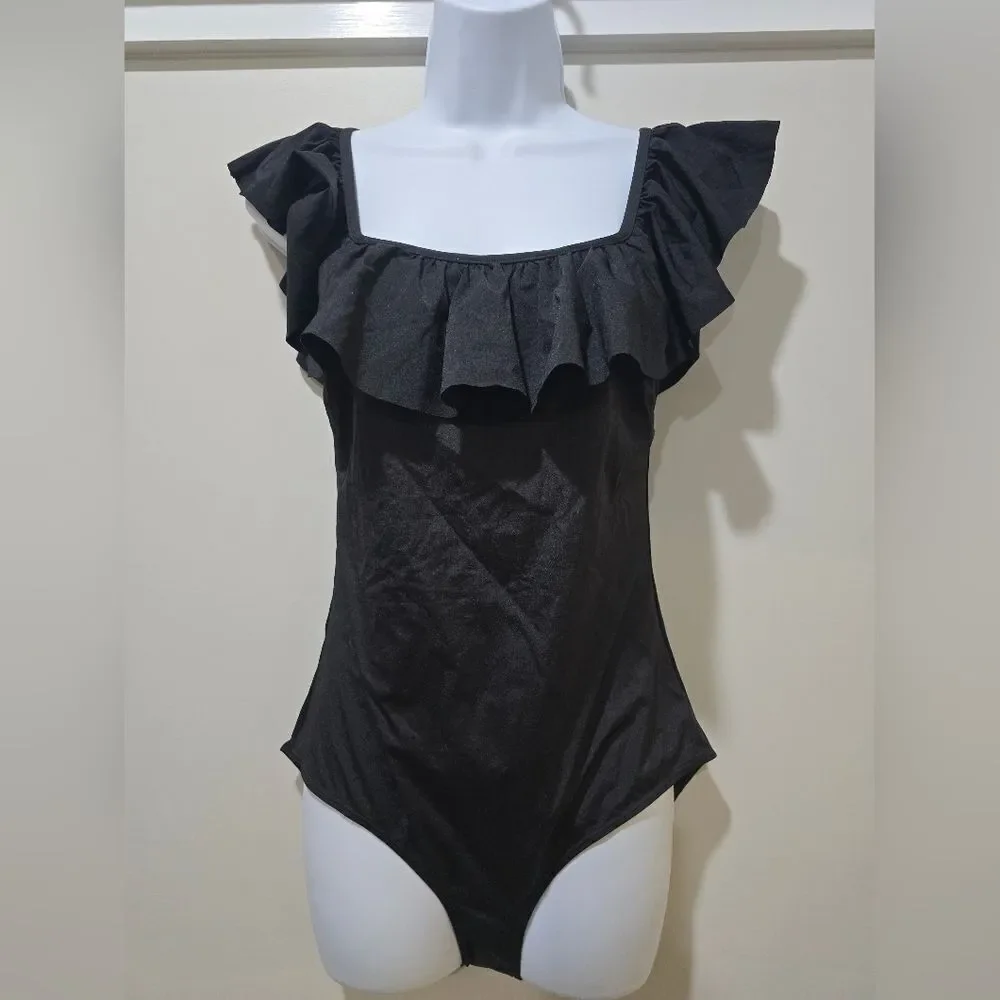 & Other Stories Ruffle Off Shoulder Black One-Piece Swimsuit 10 NWOT